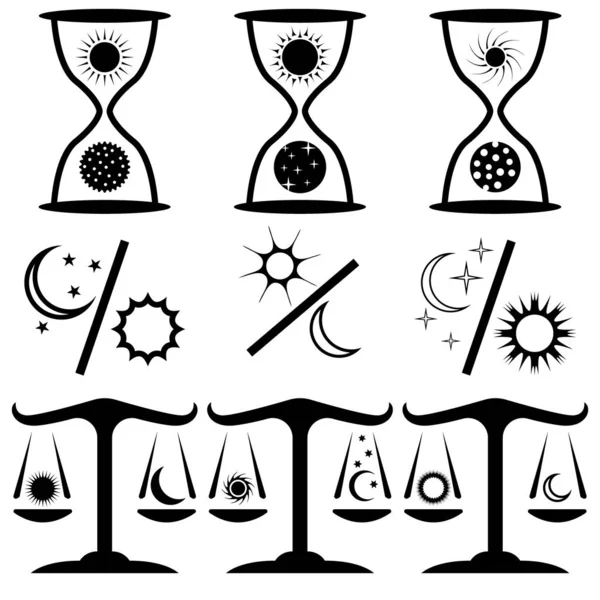 Набір з дев'яти піктограм для рівнодення. Зображення пісочного годинника і масштабів, що зображують рівність Сонця і Місяця . — стоковий вектор
