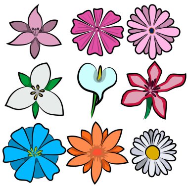Farklı şekil ve renklerde dokuz çiçek seti. Mart 'ın sekizi ve diğer tatiller için çiçekli resimler. Vektör illüstrasyonu.