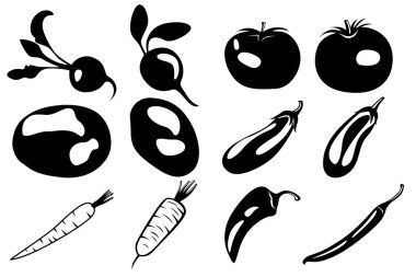 On iki farklı sebze seti. Turplar, domatesler, patatesler, patatesler, havuçlar, biberler vs. Vektör illüstrasyonu.