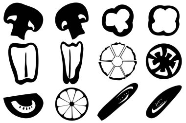 On iki farklı sebze, mantar ve meyve seti. Mantar, biber, ananas, domates, limon, patlıcan vs. Vektör illüstrasyonu.