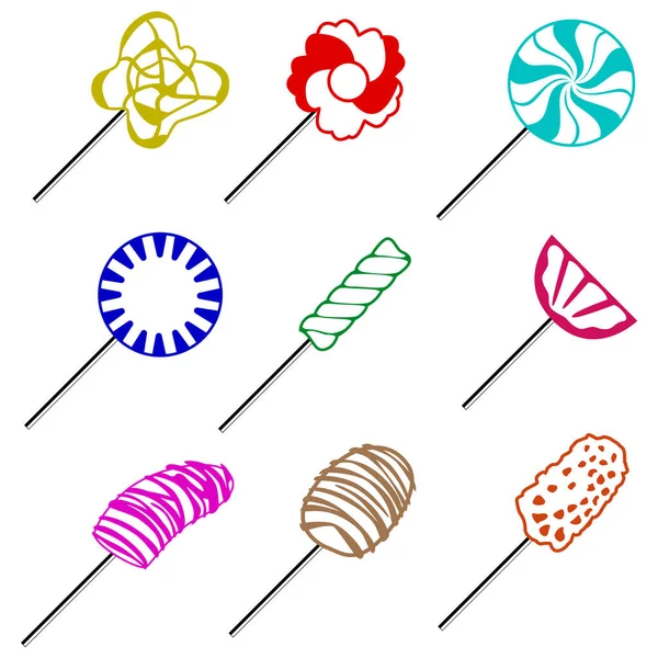 Set Nine Lollipops Different Shapes Colors Set Holidays Children Restaurant — Stock Vector