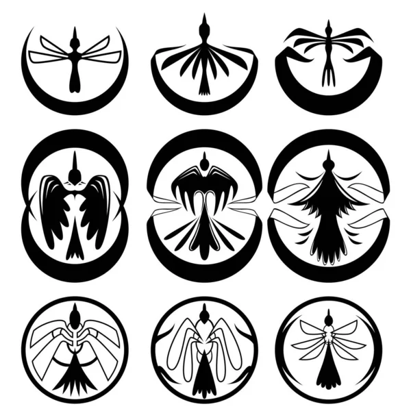 翼の9つの抽象的な画像のセット ポスター ウェブサイト タトゥーなどのために設計されたセット ベクターイラスト — ストックベクタ