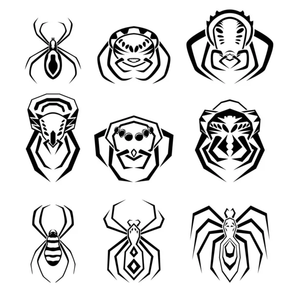 Sada Devíti Ikon Formě Pavouků Různých Pózách Vektorová Ilustrace — Stockový vektor
