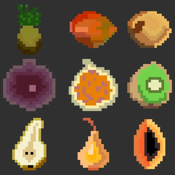 少数のピクセルのスタイルで健康食品の9つの要素のセットは 様々な果物のパイナップル イチジク キウイ 梨など ゲームや他の様々な目的のためのイラストのセット ベクターイラスト — ストックベクタ