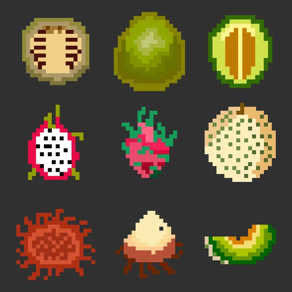 少数のピクセル 様々な果物メロン グアバ ドラゴンなどのスタイルで健康食品の9つの要素のセット ゲームや他の様々な目的のためのイラストのセット ベクターイラスト — ストックベクタ