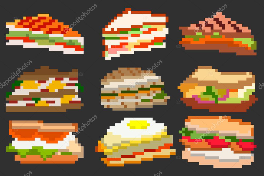 A set of nine food elements in the style of a small number of pixels, a set of sandwiches with different fillings. A set of illustrations for games and other various purposes. Vector illustration.