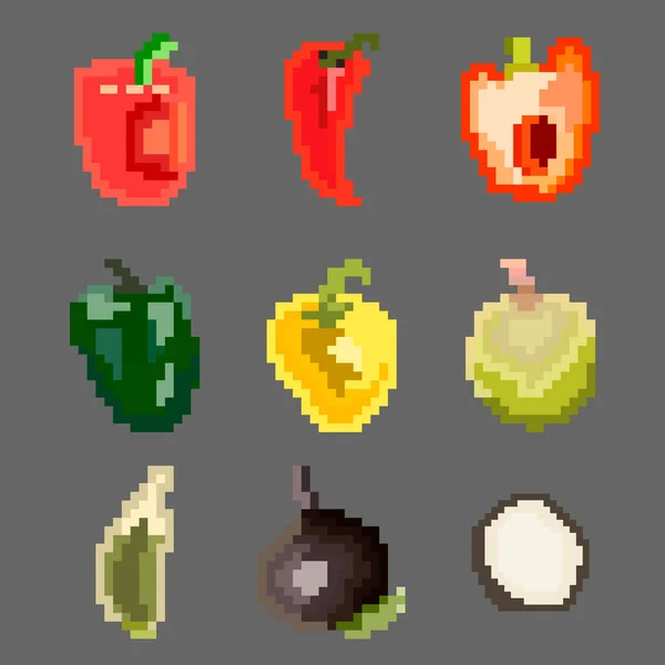 ピクセル数の少ないスタイルで9つの食品要素のセット ピーマン ビートなどの様々な野菜 ゲームや他の様々な目的のためのイラストのセット ベクターイラスト — ストックベクタ