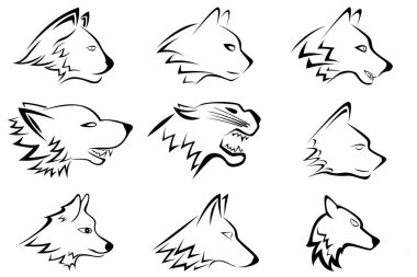 Çizgi siluetleri şeklinde dokuz kedi ve köpek seti. Çeşitli amaçlar için görüntüler. Dövme, logo ve daha fazlası. Vektör resmi.