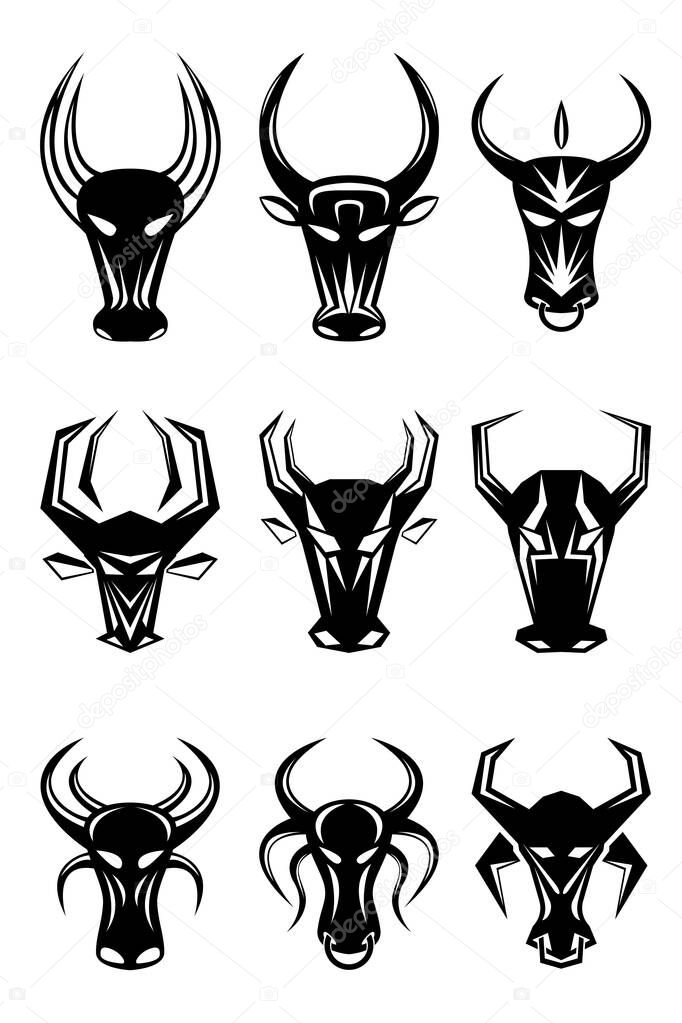 Set of nine abstract bull heads. Images for various purposes. Tattoo, logos and more. Vector image.