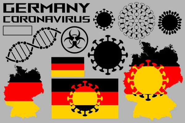 Ilustracja Koronawirusa Flagami Terytorium Kraju Niemiec Komórki Koronawirusowe Spirala Genetyczna — Wektor stockowy