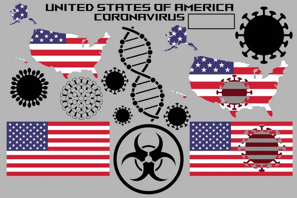 一个有美国国旗和领土的珊瑚的例子 冠状病毒细胞 一个基因螺旋体 和一个生物危害的标志 矢量说明 — 图库矢量图片
