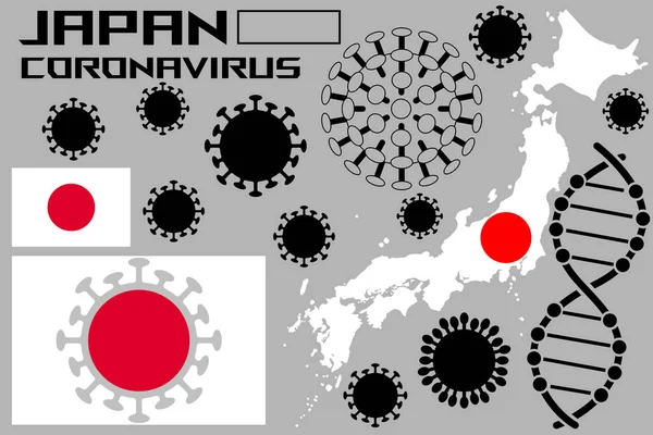 一个带有日本国旗和国土的头牛的例子 冠状病毒细胞 一个基因螺旋体 和一个生物危害的标志 矢量说明 — 图库矢量图片