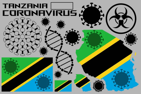 带着坦桑尼亚国旗和领土的考罗纳威象的图例 冠状病毒细胞 一个基因螺旋体 和一个生物危害的标志 矢量说明 — 图库矢量图片