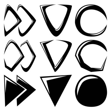 Dokuz farklı soyut ikondan oluşan bir set. Tasarım yönündeki oklar ve kayıt simgesinin farklı varyasyonları. Vektör illüstrasyonu.