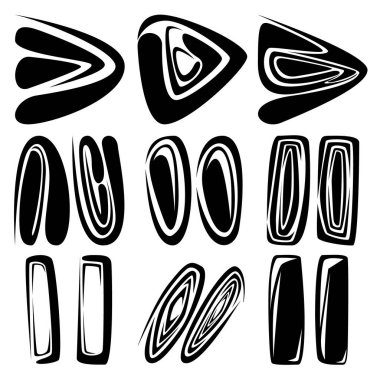 Dokuz farklı soyut ikondan oluşan bir set. Tasarımcı yön oklarının farklı varyasyonları ve simgeyi durdur. Vektör illüstrasyonu.