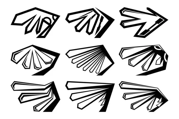 Set Von Neun Abstrakten Flügelbildern Bilder Für Verschiedene Zwecke Tätowierungen — Stockvektor
