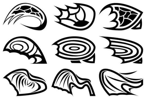 Zestaw Dziewięciu Abstrakcyjnych Obrazów Skrzydeł Obrazy Różnych Celów Tatuaż Logo — Wektor stockowy