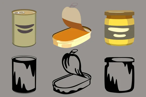 Set of three canned food, in two versions color and black and white. Vector illustration. — Stock Illustration Set Three Canned Food Two Versions Color Black White Vector Royalty Free Stock Illustrations