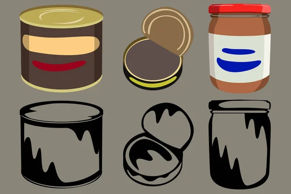 Set of three canned food, in two versions color and black and white. Vector illustration. — Stock Illustration Set Three Canned Food Two Versions Color Black White Vector Vector Graphics