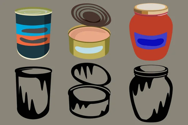 Set of three canned food, in two versions color and black and white. Vector illustration. — Stock Illustration Set Three Canned Food Two Versions Color Black White Vector Royalty Free Stock Vectors
