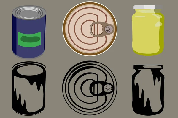 Set of three canned food, in two versions color and black and white. Vector illustration. — Stock Illustration Set Three Canned Food Two Versions Color Black White Vector Stock Vector