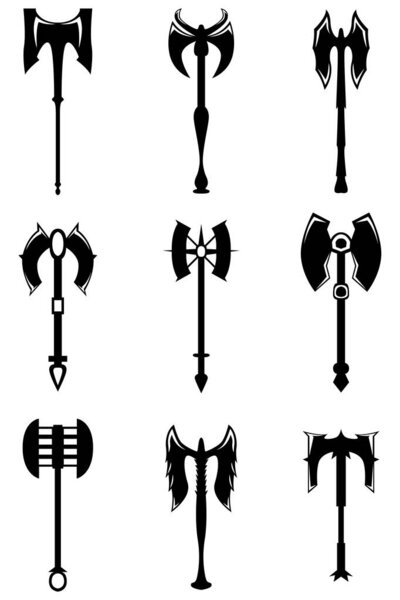 A set of nine different kinds of medieval axes. Illustration for various purposes icons, brochures, banners, logo. Vector illustration.