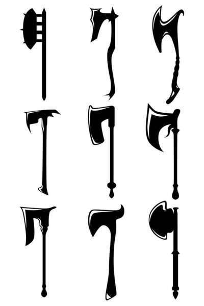 A set of nine different kinds of medieval axes. Illustration for various purposes icons, brochures, banners, logo. Vector illustration.