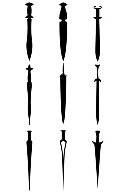 Dokuz farklı ortaçağ kılıcından oluşan bir set. İkonların, broşürlerin, afişlerin, logoların çeşitli amaçları için illüstrasyon. Vektör illüstrasyonu.