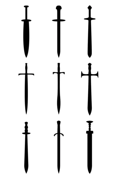 Conjunto Nueve Tipos Diferentes Espadas Medievales Juego Ilustración Para Diversos — Archivo Imágenes Vectoriales