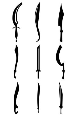 Dokuz farklı ortaçağ kılıcından oluşan bir set. İkonların, broşürlerin, afişlerin, logoların çeşitli amaçları için illüstrasyon. Vektör illüstrasyonu.