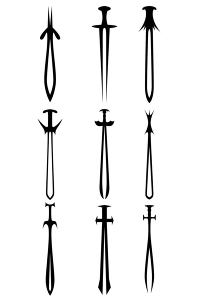 Ensemble Neuf Types Différents Épées Médiévales Jeu Illustration Des Fins — Image vectorielle