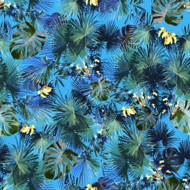 Kırmızı arka planda kusursuz tropikal bitki deseni. Duvar kağıdı, tekstil ve baskı için resim, kolaj, arkaplan.