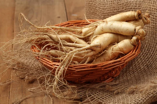 Close Ginseng Roots Wooden Surface — Stock Photo, Image