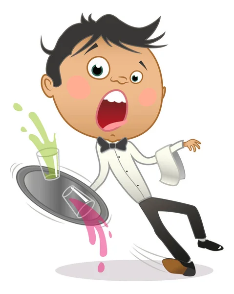 Cartoon waiter slipping and dropping the tray with drinks — Stock Vector