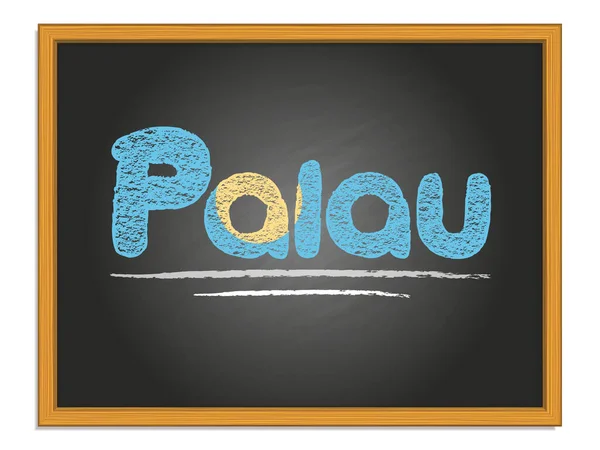 Palau país nome e cor da bandeira giz lettering no quadro — Vetor de Stock