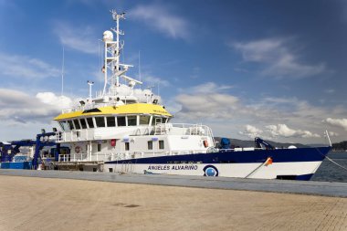 Vigo, Spain - Jan 24, 2020: Angeles Alvarino multipurpose oceanographic research vessel moored on the port on January 24, 2020 in Vigo city, Pontevedra, Spain.