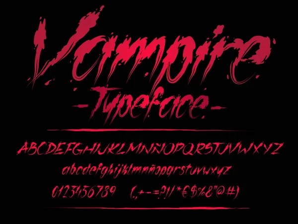 吸血鬼フォント 血の文字のイラスト 数字とグリフを持つハロウィーンの血のベクトルアルファベット — ストックベクタ