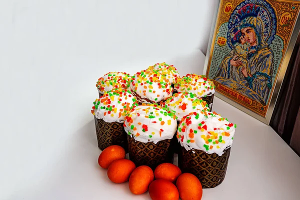 Easter, the resurrection of Jesus Christ. Orthodox holiday. Cakes and eggs are traditional attributes of the Easter holiday