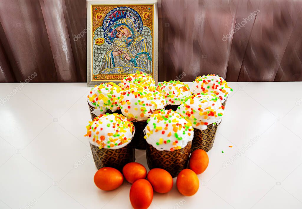 Easter, the resurrection of Jesus Christ. Orthodox holiday. Cakes and eggs are traditional attributes of the Easter holiday