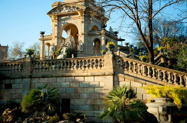 Fontána Cascade Parku Citadely Západ Slunce Jaře Barcelona Španělsko — Stock fotografie