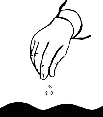 El tohum eker. El ve tohumlar, vektör ikonu. Tohum atma ikonu. Bitki, tohum, organik, ekoloji, biyoloji, bahar sembolü.