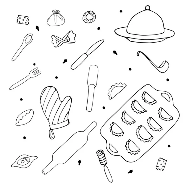 Kochutensilien. Set von Kochen Doodle Design-Element. Vektorillustration. isolierte Elemente auf weißem Hintergrund. Symbolsammlung. — Stockvektor