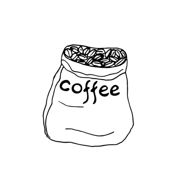 コーヒー粒の袋。イラストだ。白い背景に孤立した要素。白黒のグラフィック。手描き. — ストック写真