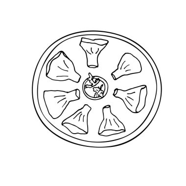 Kafede ya da restoranda yemek. Khinkali. Çizim. Beyaz arka planda izole elementler. Sembol koleksiyonu. Siyah beyaz grafikler. El çizimi