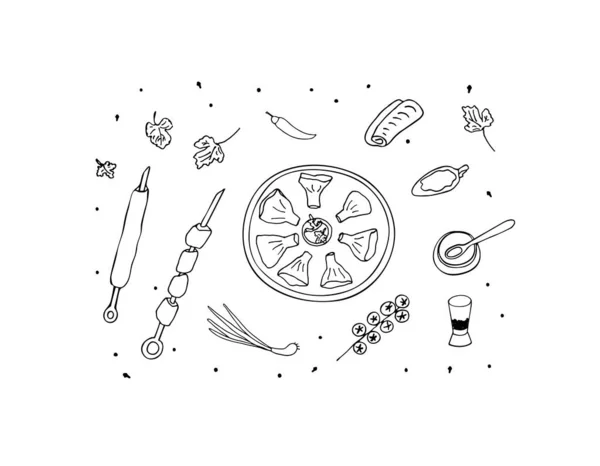 Georgian dishes. Vector illustration of a Georgian cuisine set. Khinkali, barbecue shashlik... Vector illustration. Isolated elements on white background. Symbol collection. — Stockvektor