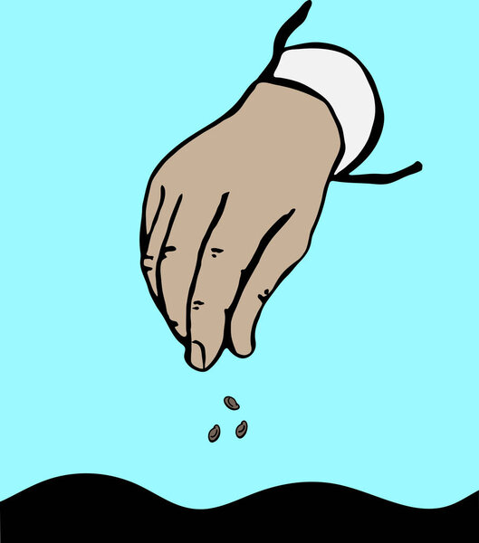 Hand sows seeds. Hand and seeds, vector icon. Hand throwing seeds icon. Plant, sow, organic, ecology, biology, spring symbol.