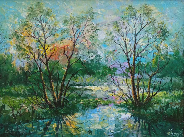 Primavera de Woodland. Pintura a óleo sobre tela. Feito à mão . — Fotografia de Stock