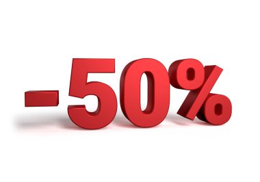 % 50 indirimli satış promosyonu beyaz arka planda izole edilmiş 3D.