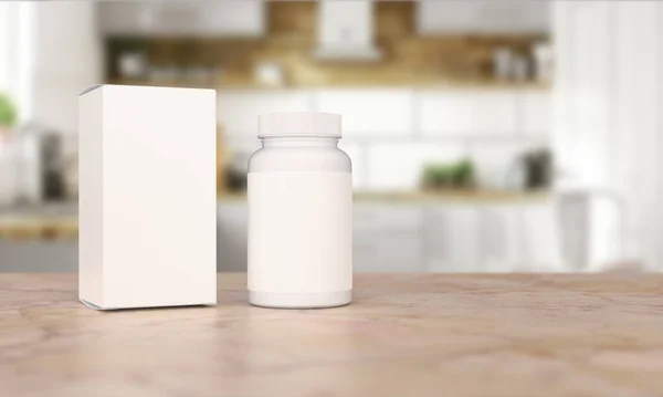Blank Plastic Packaging Bottle Box Kitchen Background 버라이어티 캡슐의 — 스톡 사진