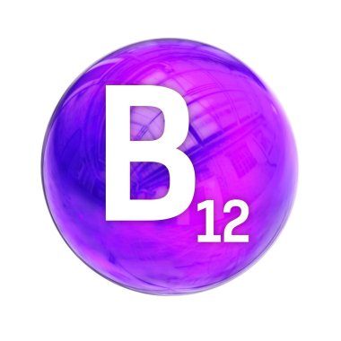 Sağlık hizmetleri eczanesi için B12 vitamini molekülü. B12 vitamininin parlak sembolü. Akrep asidi. Vitamin ikonu. 3B görüntüleme